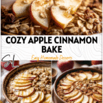 Golden Apple Cinnamon Baked Oatmeal topped with sliced apples and oats in a rustic dish